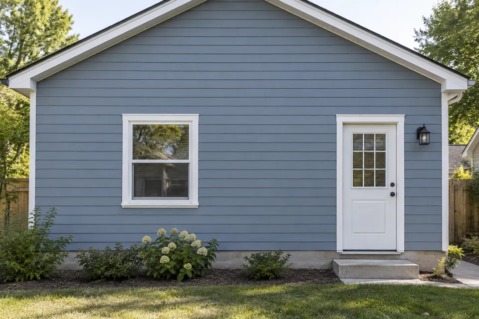 Full exterior gable wall with horizontal lap siding, window trim and entry door.