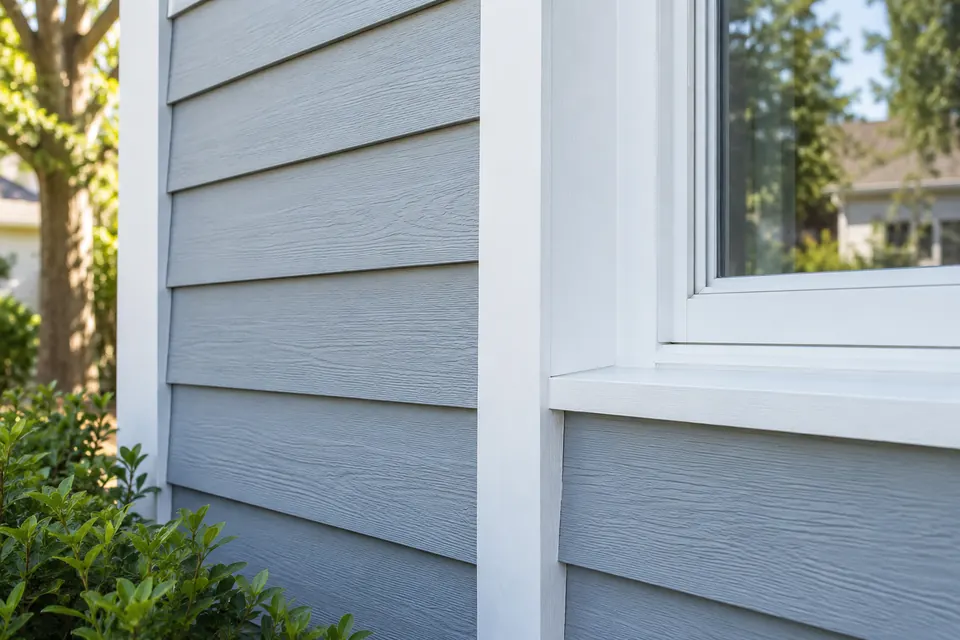 Close-up of exterior window casing, drip cap flashing and corner trim boards.