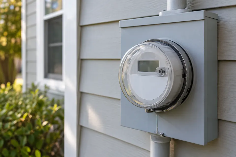 Utility electric meter mounted on an exterior wall for checking annual kilowatt-hour usage.
