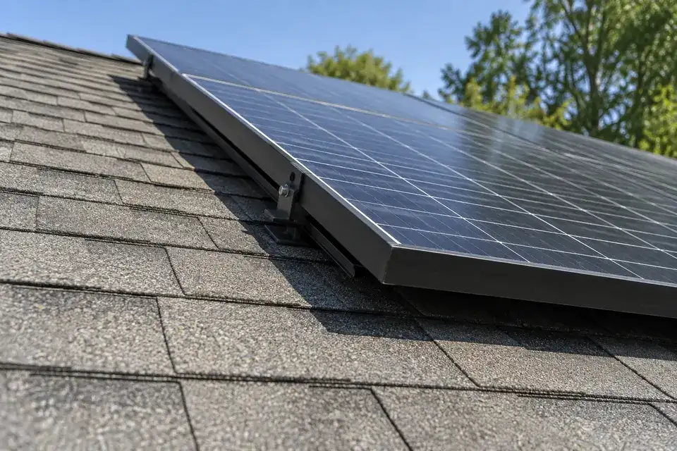 Solar panels mounted on rails and flashed roof attachments over asphalt shingles.