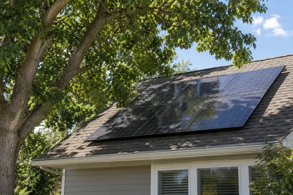 Afternoon tree shade crossing half of a residential rooftop solar array.
