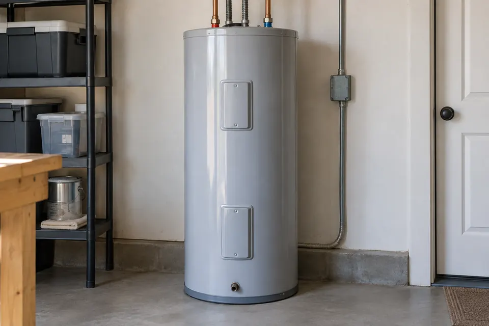 Storage tank water heater installed on a stand in a residential utility area.