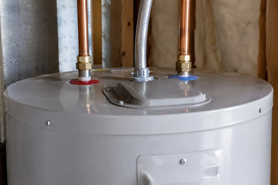 Hot and cold copper water lines, shutoff valve and brass T&P relief valve on top of the tank.