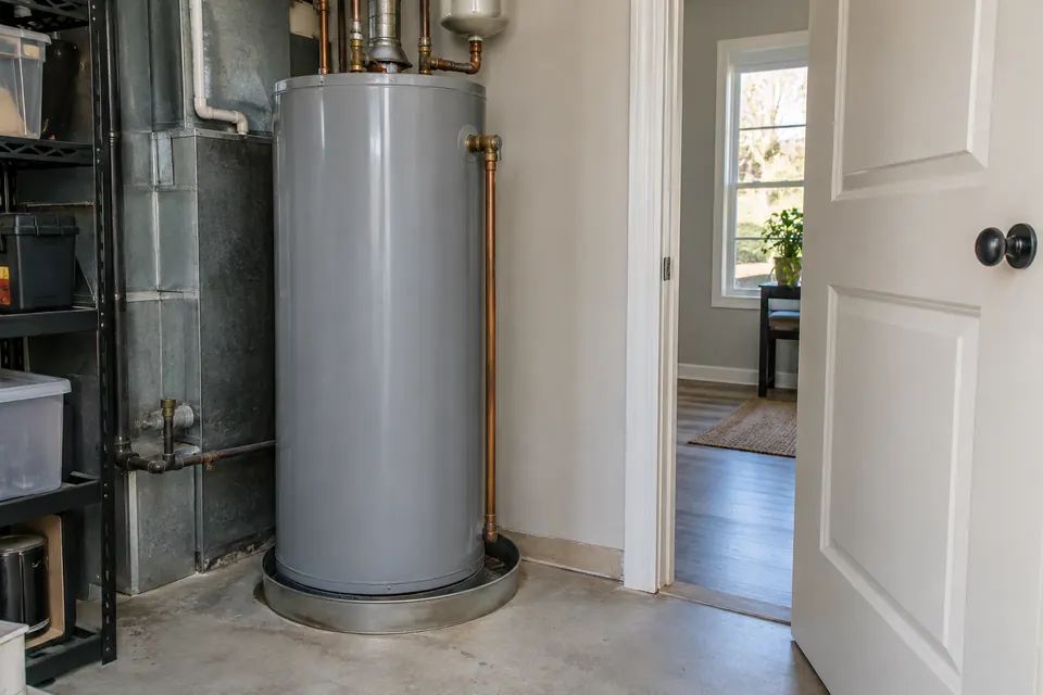 Electric water heater sitting inside a drain pan in an interior utility closet.