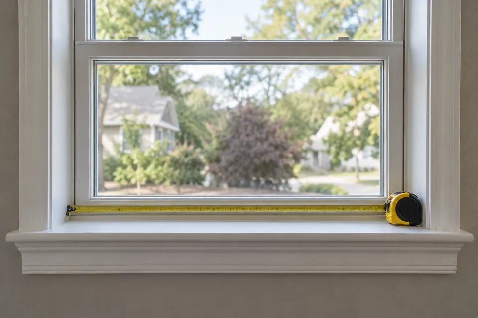 Tape measure stretched inside a window jamb to check rough-opening width and height.