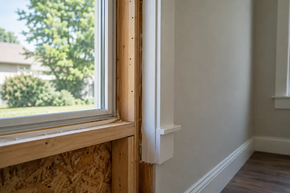 Exposed wood wall framing around a full-frame replacement window opening.