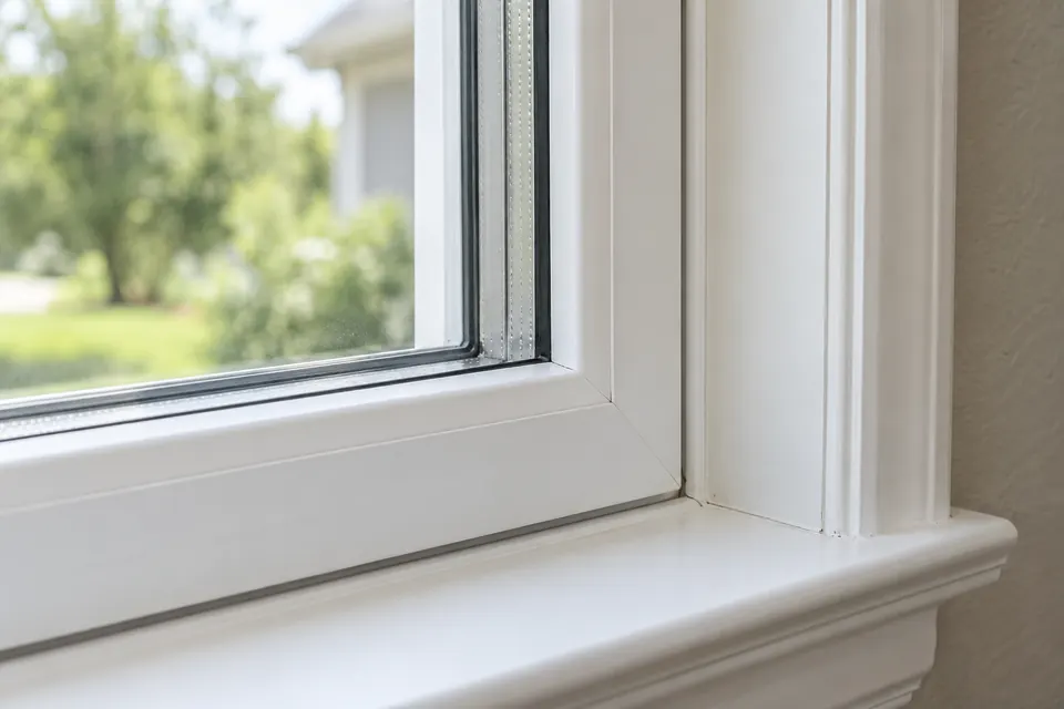 Corner detail of a double-pane low-E insulated glass unit and welded vinyl sash.